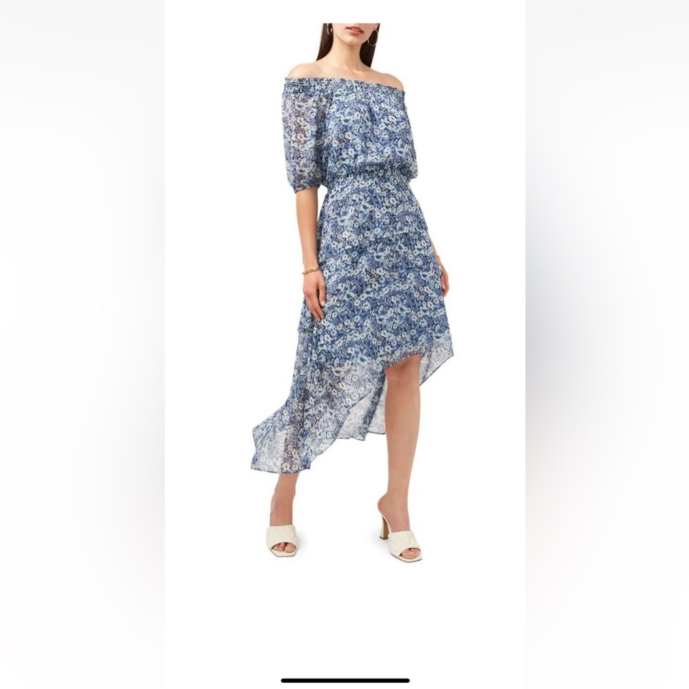 NWT Vince Camuto Blue Floral Canyon Off the Shoulder Summer Dress High Low S